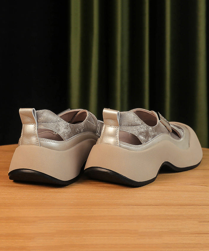 2025 Splicing Platform Sandals Khaki Faux Leather Hollow Out YC004