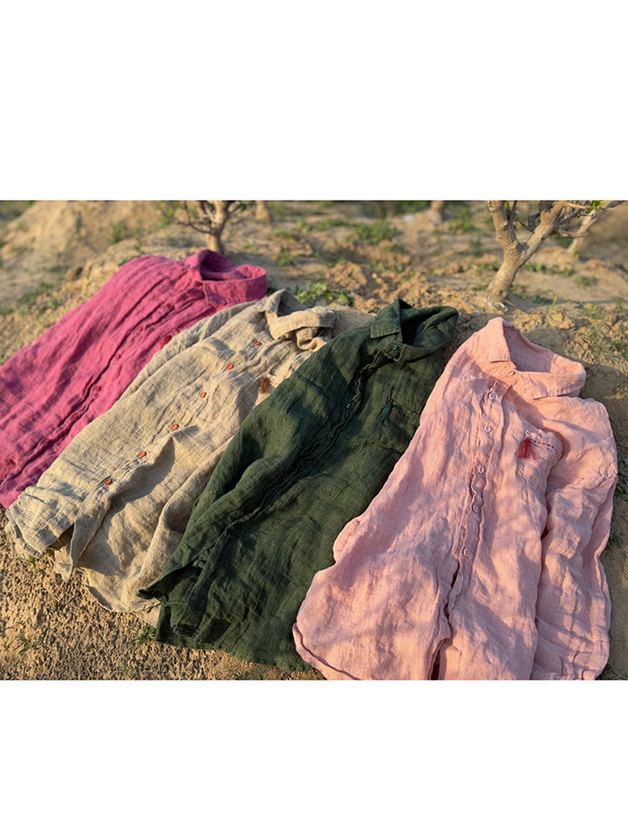Summer Women Pure Turn-down Linen Color Retro Collar Shirt