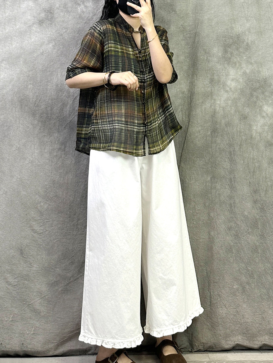 Retro Shirt Women Summer V-Neck Plaid Ramie