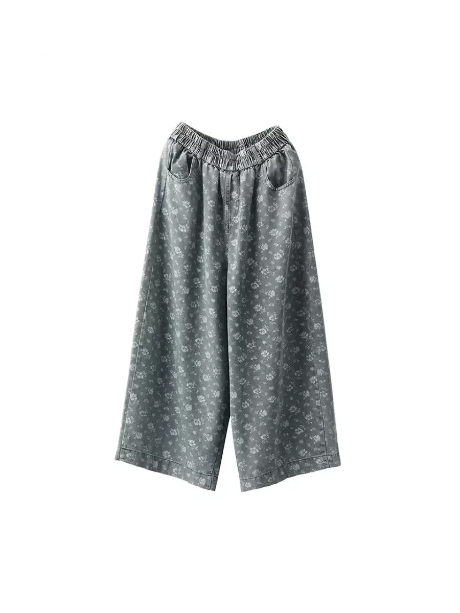 Worn Denim Wide-leg Floral Women Loose Pants