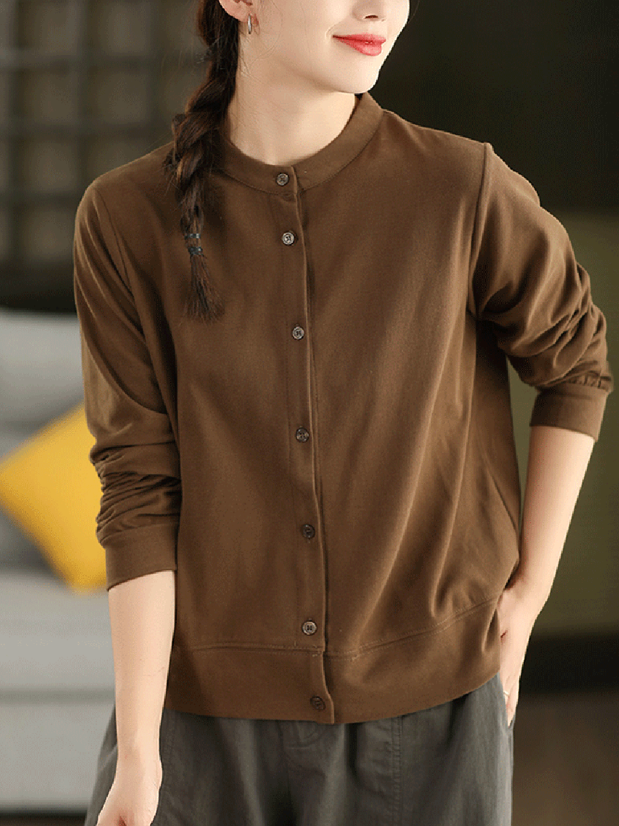 Autumn 100%Cotton Color Pure O-Neck Shirt Casual Women