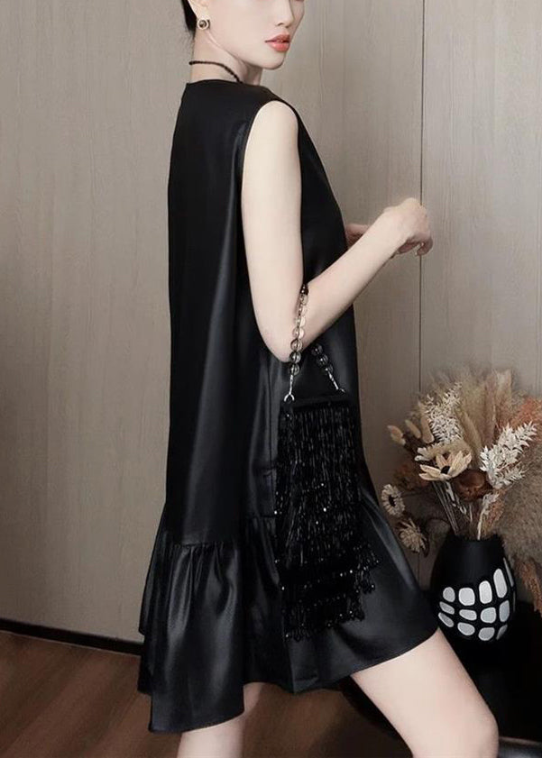 Neues schwarzes, ärmelloses Kleid aus massiver Seide mit V-Ausschnitt QP033