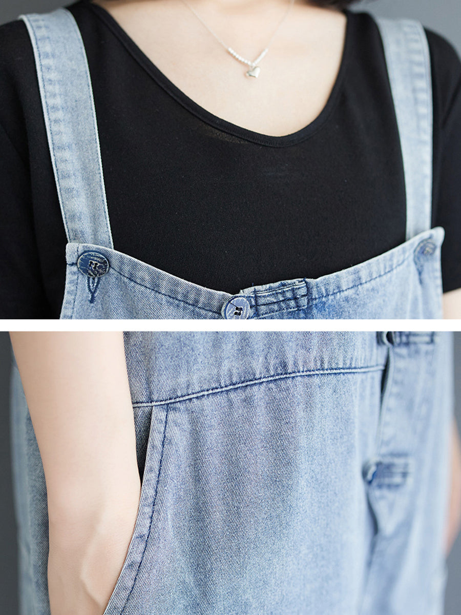Frauen Sommer Casual Solide Denim Geraffte Overalls AT1032