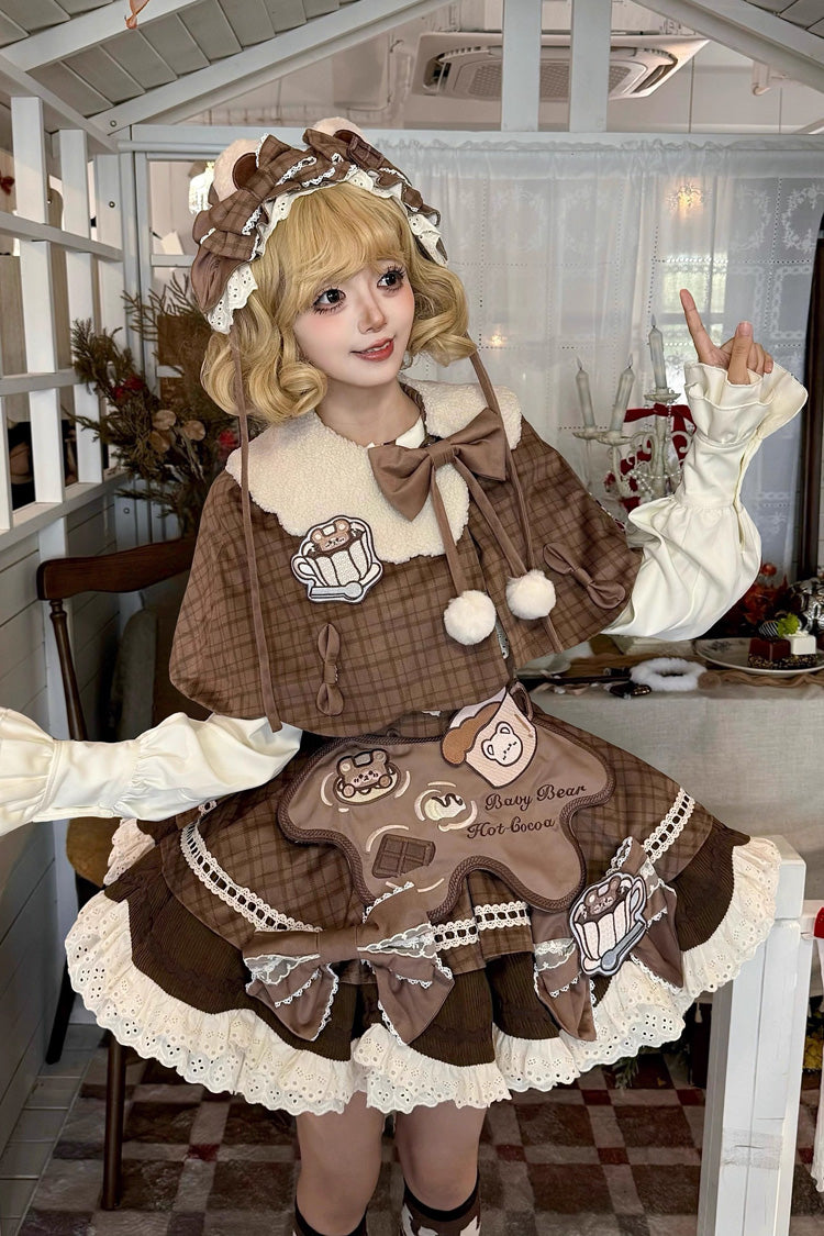Hot Cocoa Bear Print Ruffle Lace Sweet Lolita Jumper Dress
