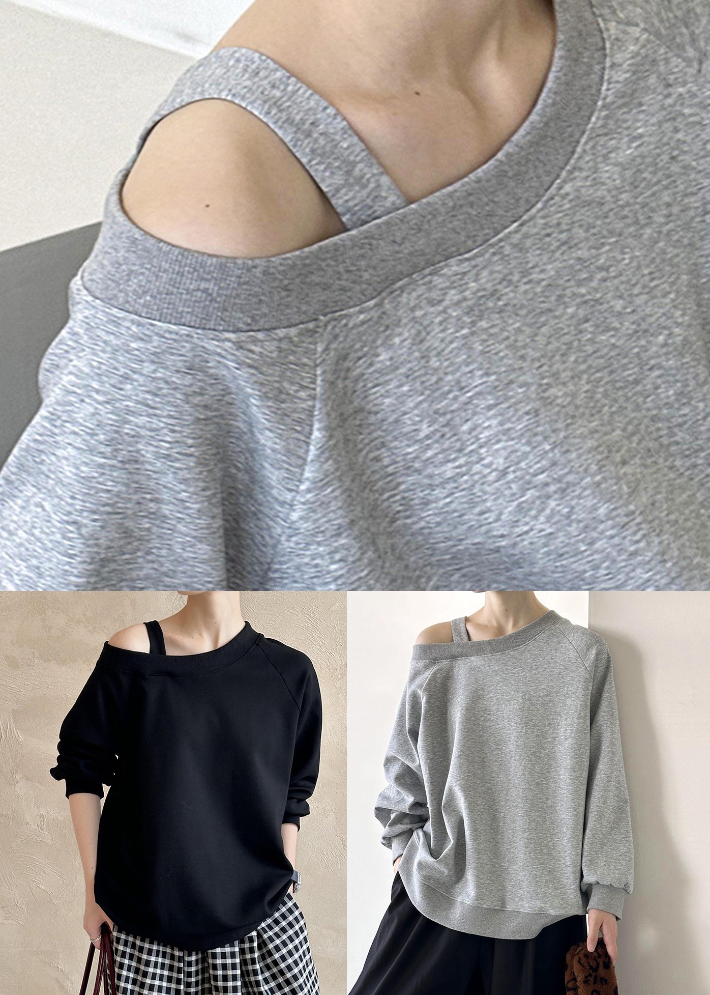T-shirts noirs en coton uni à épaules dénudées pour femmes Automne AF1094