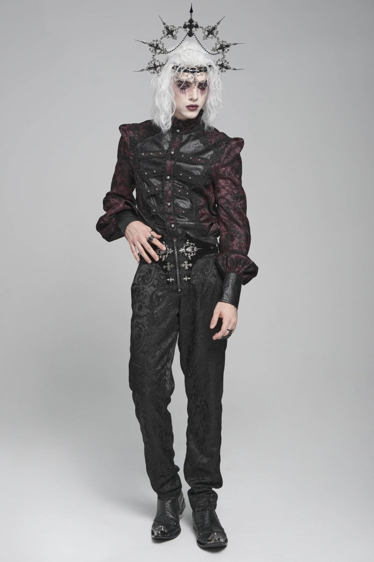 Crimson & Obsidian Stand Collar Long Lantern Sleeves Floral Print Embroidery Gothic Blouse