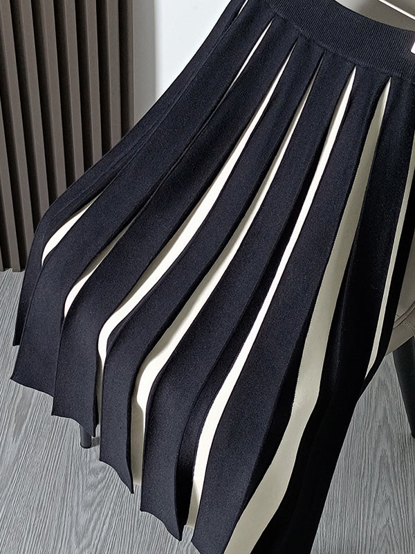 A-line Pleated Retro Skirt Knit Contrast White Color