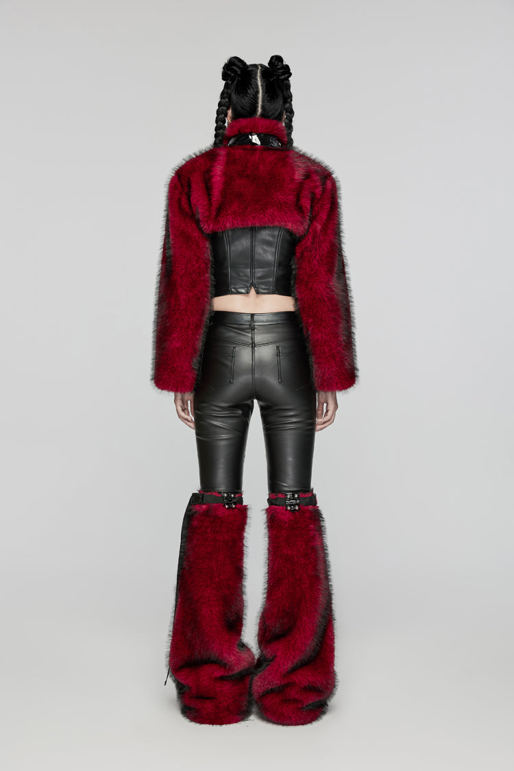 Crimson High-Neck Punk Faux Fur Cropped Jacket with Long Sleeves