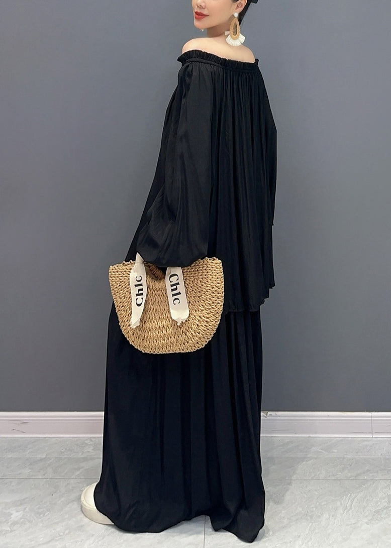 French Black Slash Neck Ruffled Two Pieces Set Lantern Sleeve AO1005