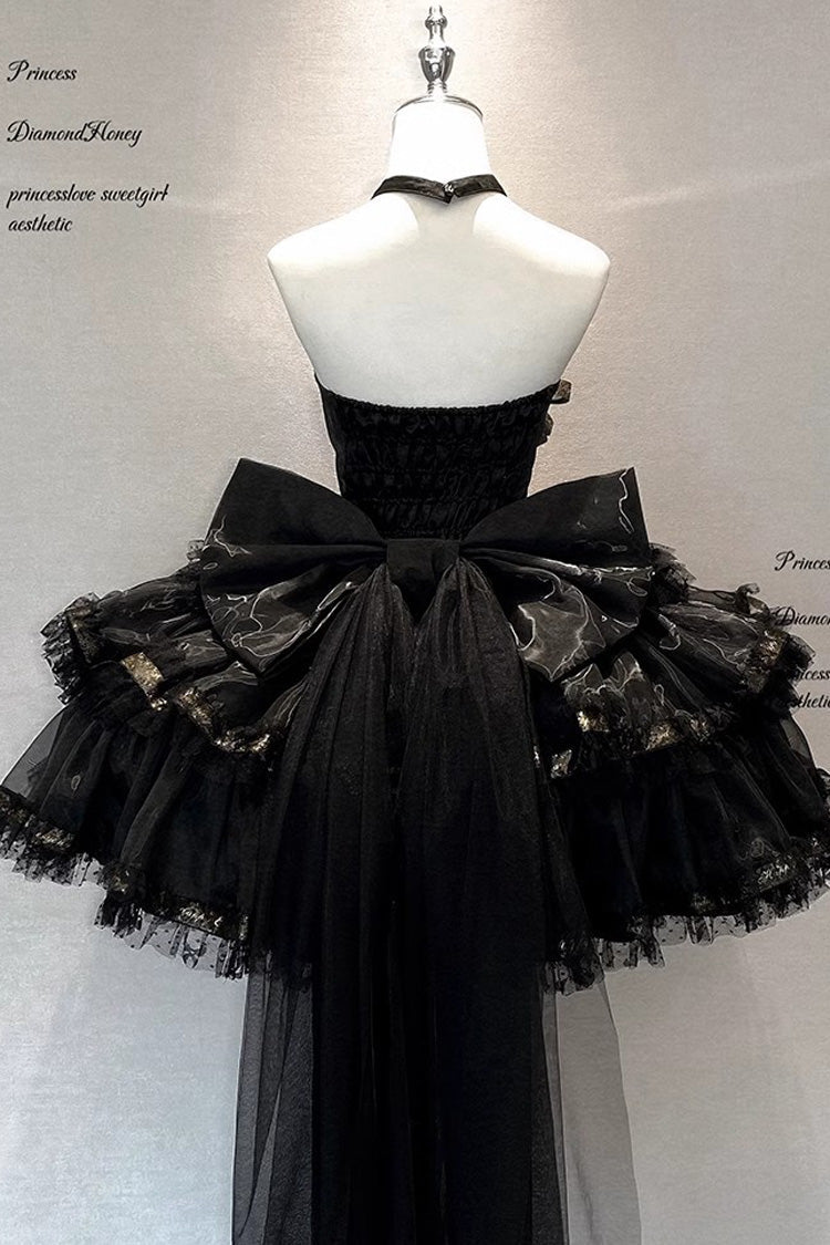 Gothic Princess Dress with Halterneck and Triple Ruffle Lace in Black
