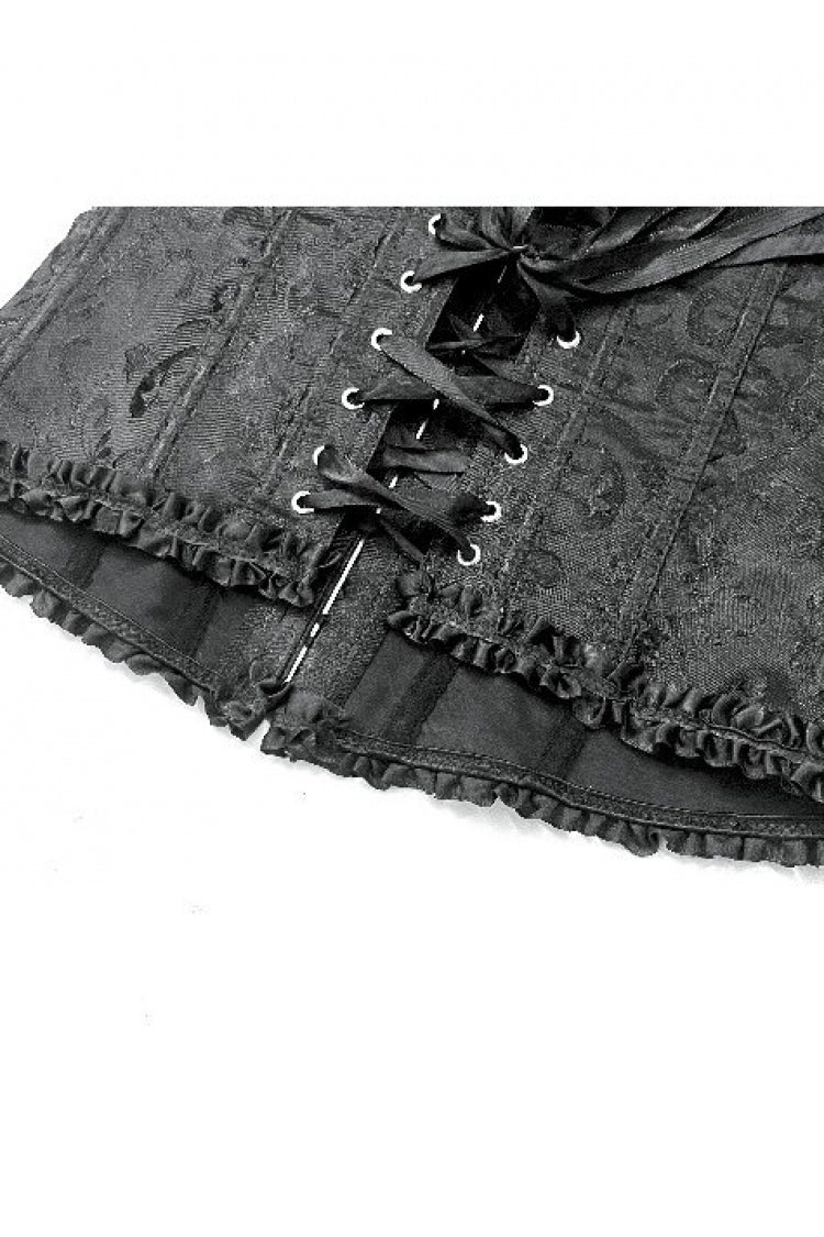 Women's Gothic Overbust Corset with Ruffled Lace and Lace-Up in Black Jacquard