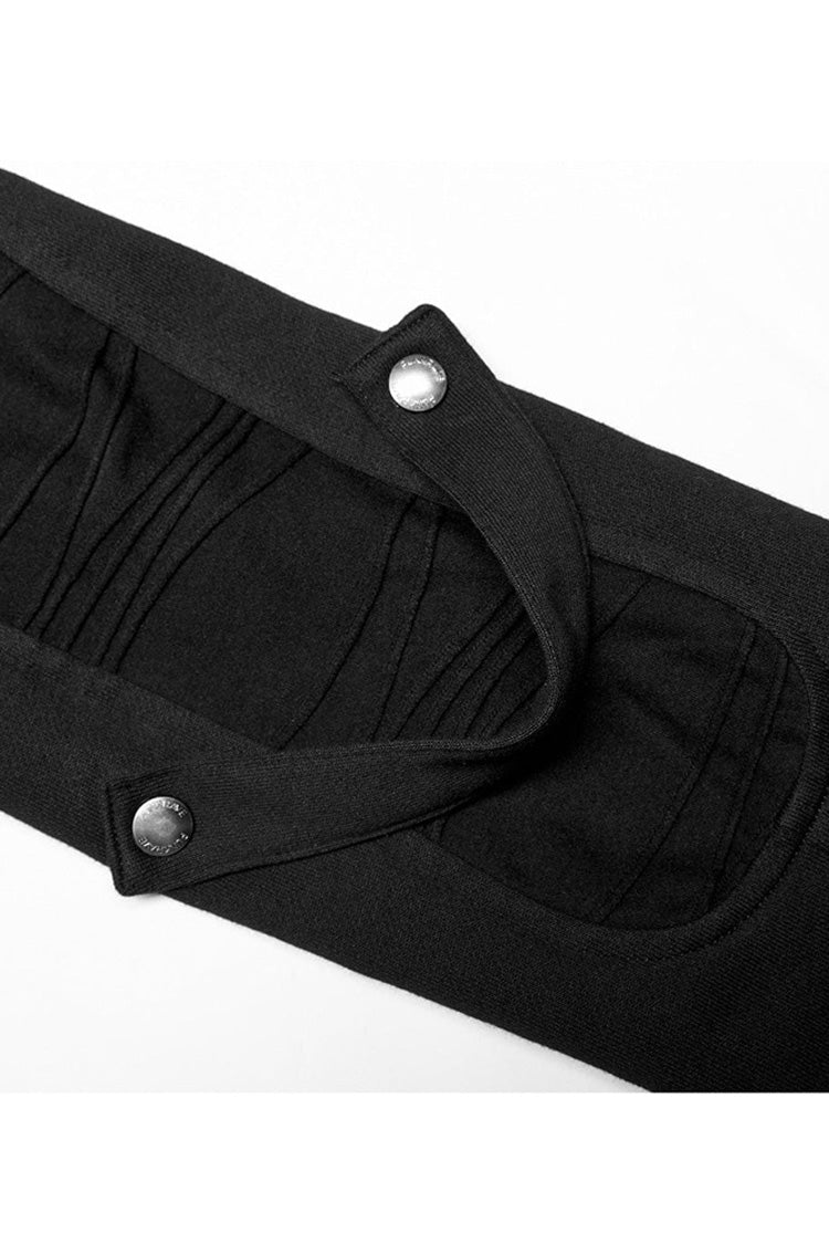 Noir High-Collar Knit Coat with Metal Shoulder Straps