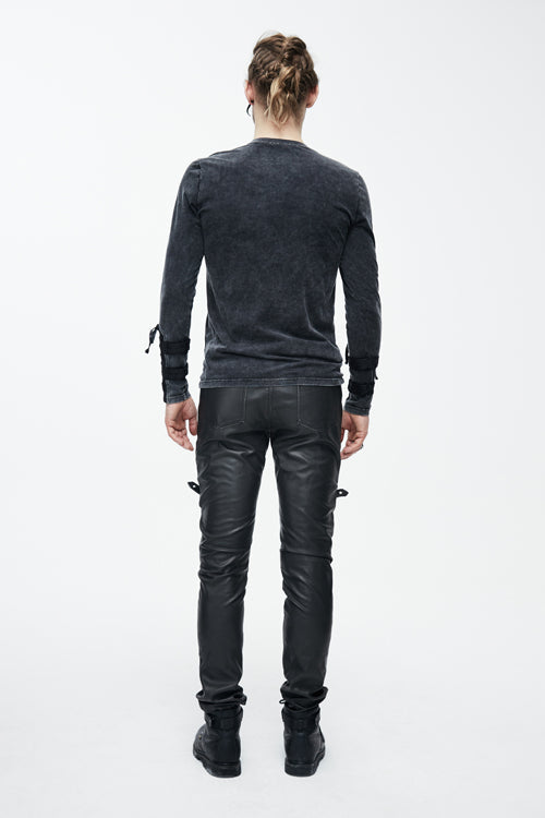 Men's Punk T-Shirt with Faded Finish, Long Sleeves and Lace-Up Front