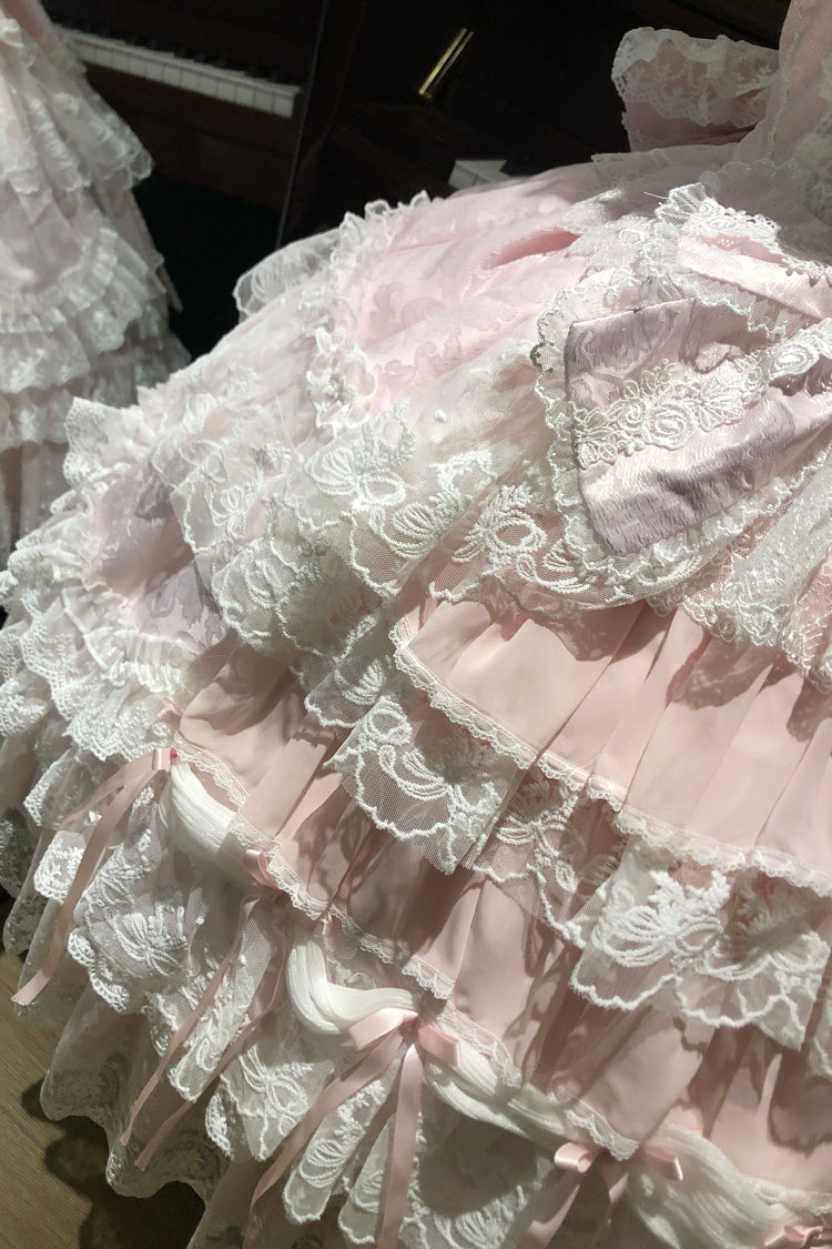 Blush Square Collar Embroidered Lace JSK with Bow