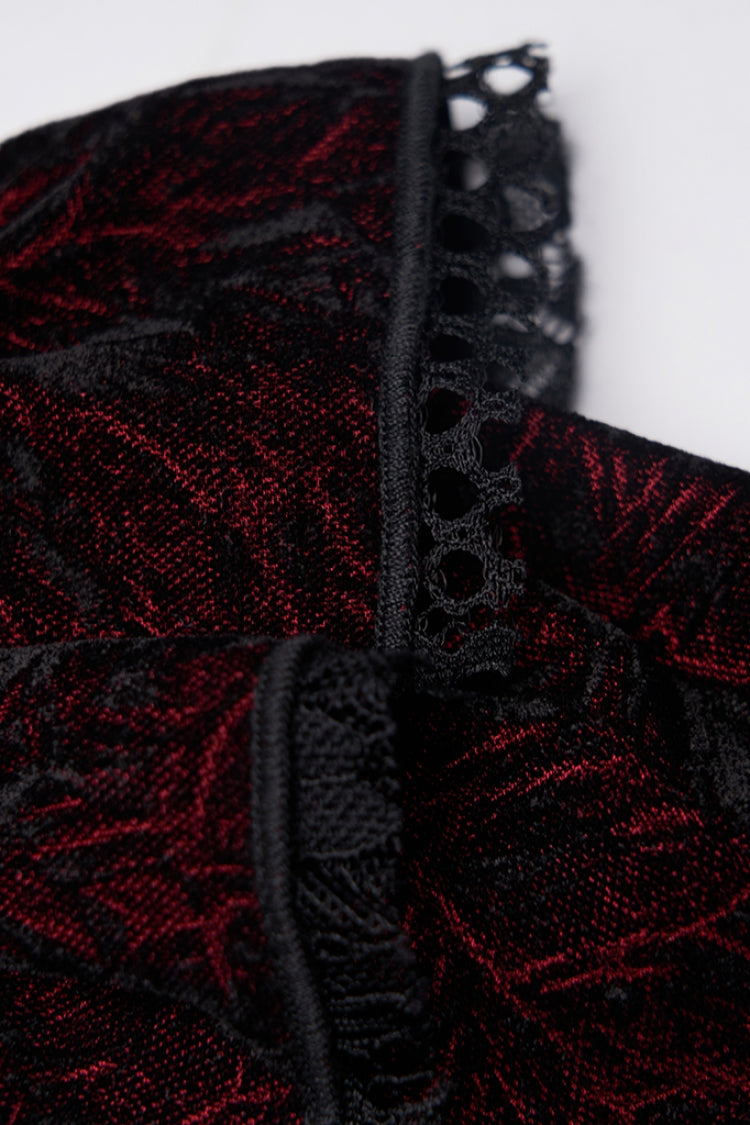 Crimson & Obsidian Stand Collar Floral Embroidery Lace Gothic Blouse