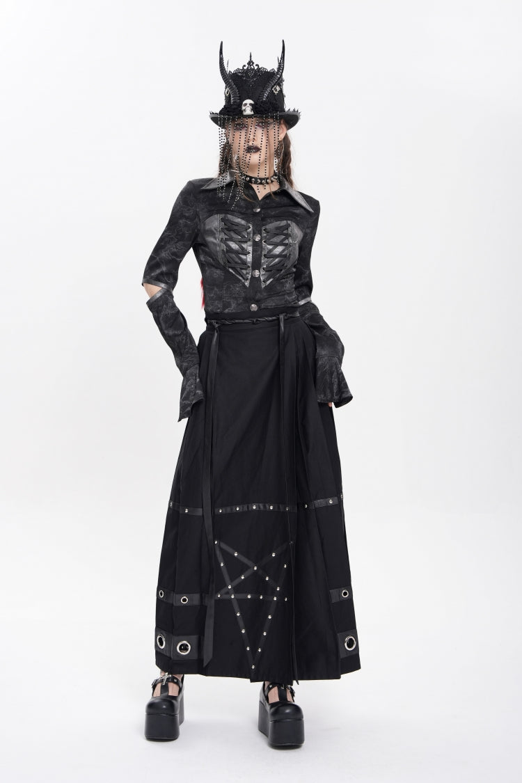 Women's Punk Skirt with Eyelets, Rivets and Pentacle Horse-Face Motif