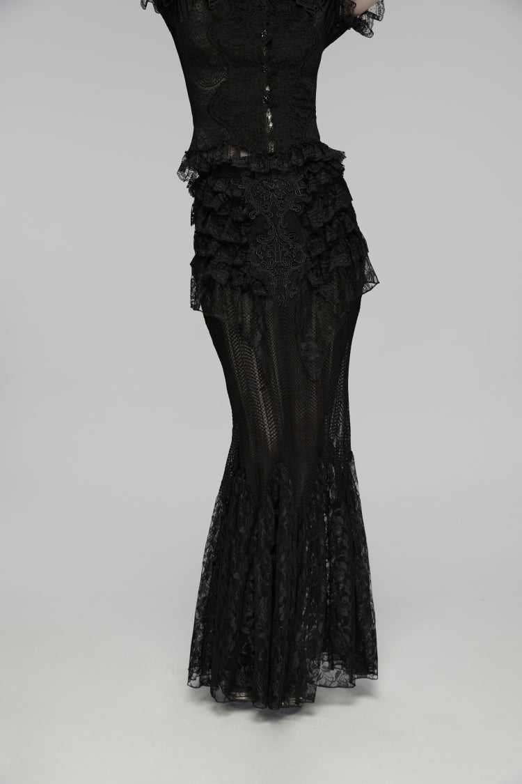 Ruffled Lace Spliced Embroidered Mermaid Gothic Skirt