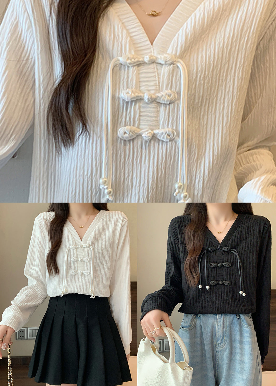 Schwarzes Patchwork-Baumwollhemd mit V-Ausschnitt und Quaste, Herbst QC036