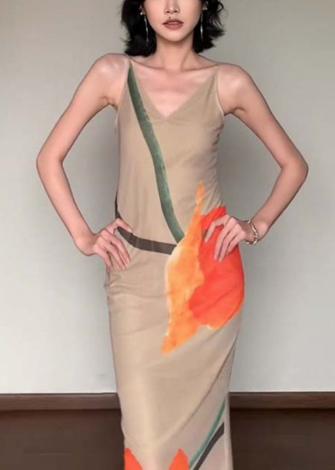 Slim Fit V-Ausschnitt Print Langes Baumwollkleid ärmellos EE017
