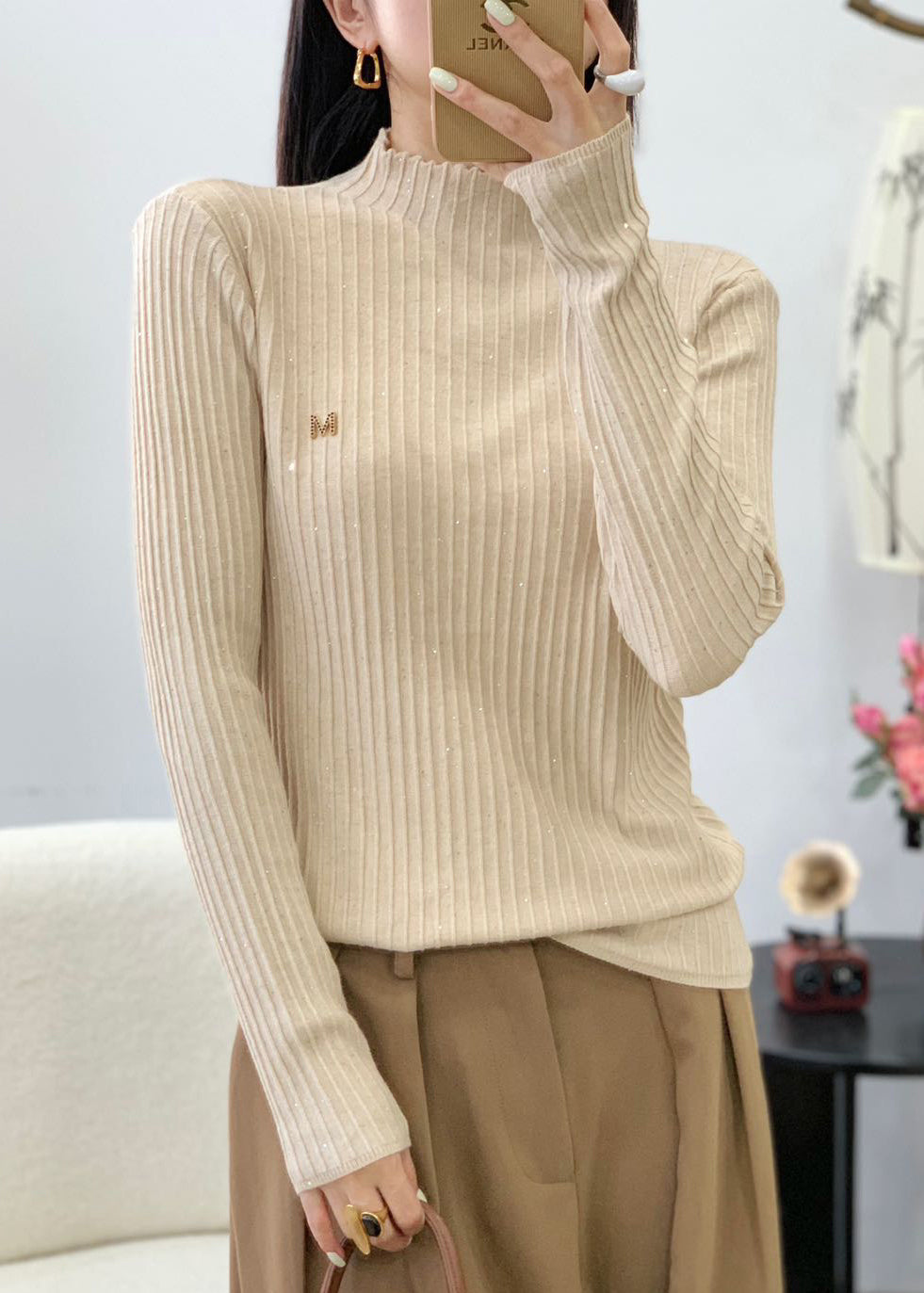 Stilvoller roter O-Ausschnitt-Pailletten-Wollstrickpullover Herbst QC026