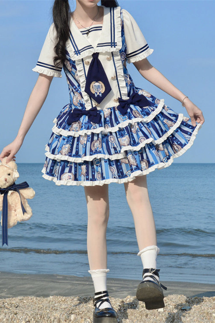 Glory of the Dog Navy Collar Low Waist Printed Ruffle Dress