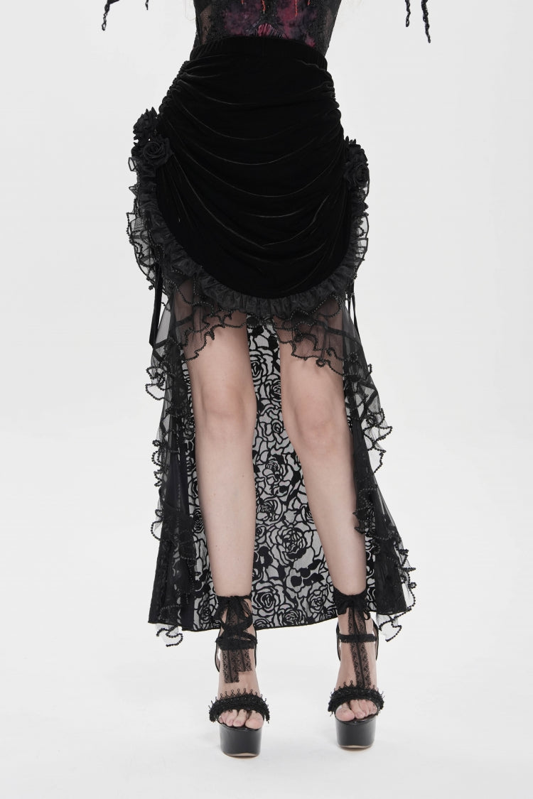 Rose Lace-Up Irregular Embroidered Gothic Hem Skirt