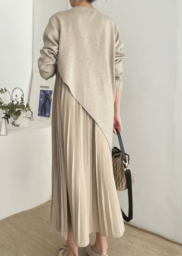 Asymmetrical Dress Wrinkled Two Knit Khaki Beautiful Set Piece