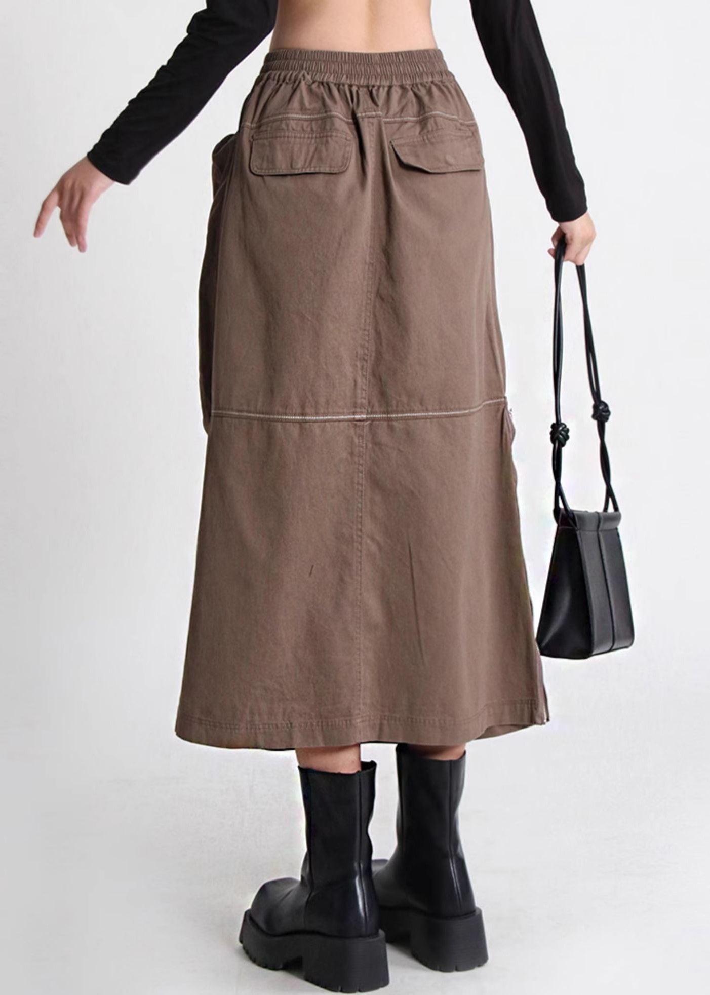 Summer Zippered Elastic Waist Skirt Pockets Loose Cotton Brown