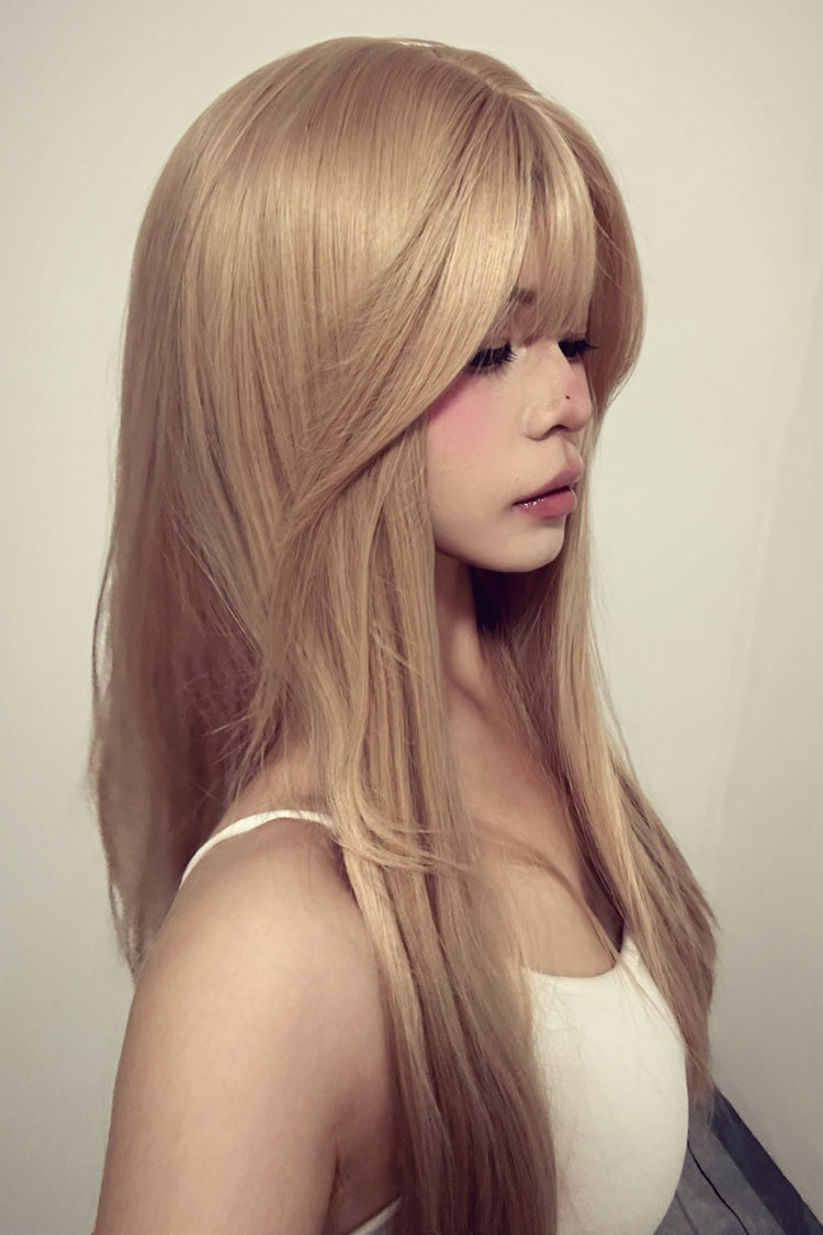 Gold Milk Tea Soft Air Bangs Long Straight Lolita Hair