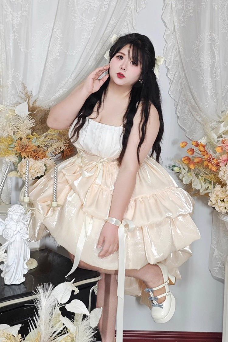 Plus Size Sweet Lolita JSK Dress with Multi-Layered Ruffles & Bowknot, Cream