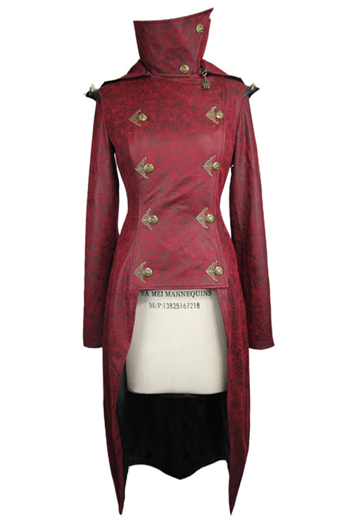 Crimson Punk Leather Coat with Asymmetric Hem and Long Back