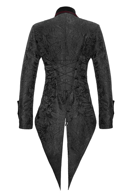 Men's Gothic Coat with Floral Pattern and Velveteen Swallowtail in Black Jacquard