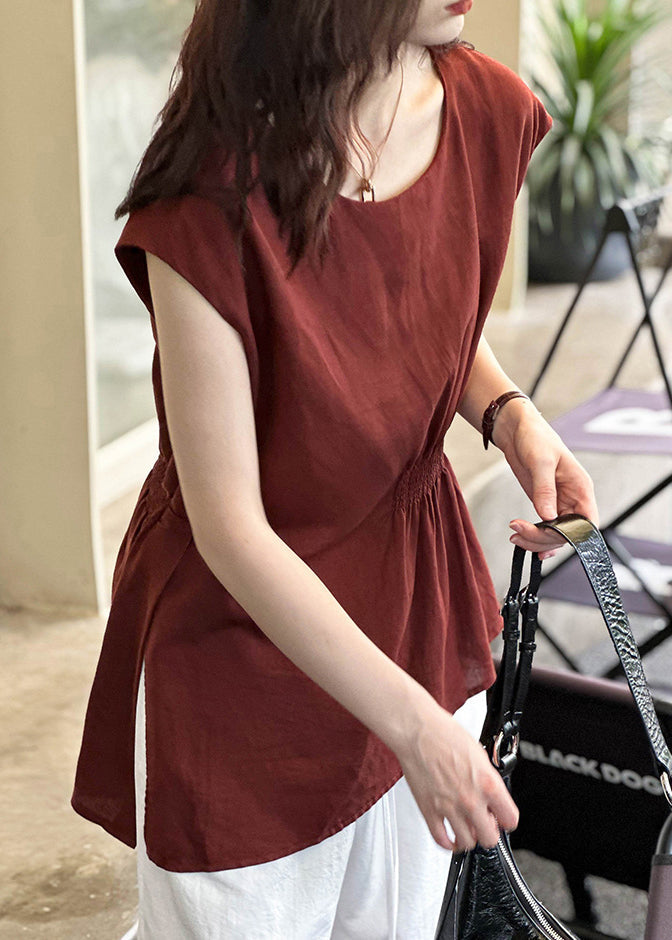 Frauen Rot O Neck Solid Baumwolle Tops Sommer AF1001
