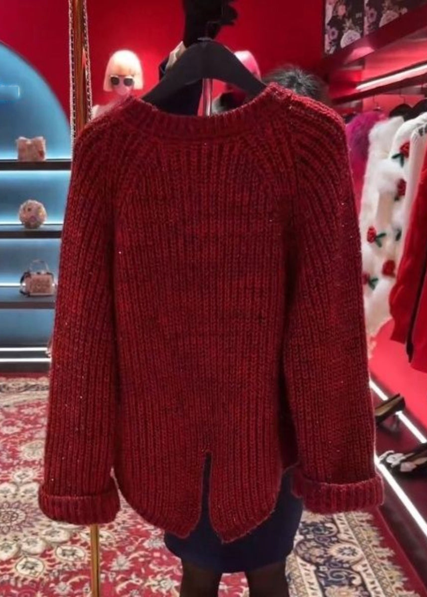Stilvolle rote O-Ausschnitt Blumen Nagel Perle dicke Baumwolle stricken Pullover Tops Winter WD037