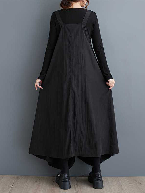 Design Schwarzes A-Linien-Midikleid mit quadratischem Ausschnitt, Rüschentasche und Hosenträgern WS003