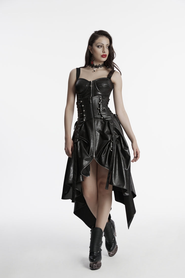 Punk Cool Faux Leather Skirt with Black Irregular Zippered Design