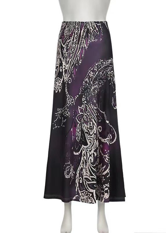 Purple Print Spring Bohemian Draping Line A Skirt