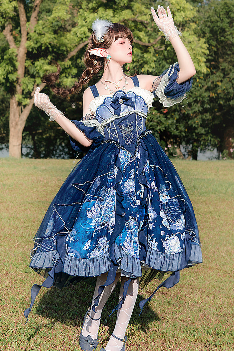 Azure Deep Sea Jellyfish Print Ruffle Lace Sweet Elegant Lolita Jumper Dress