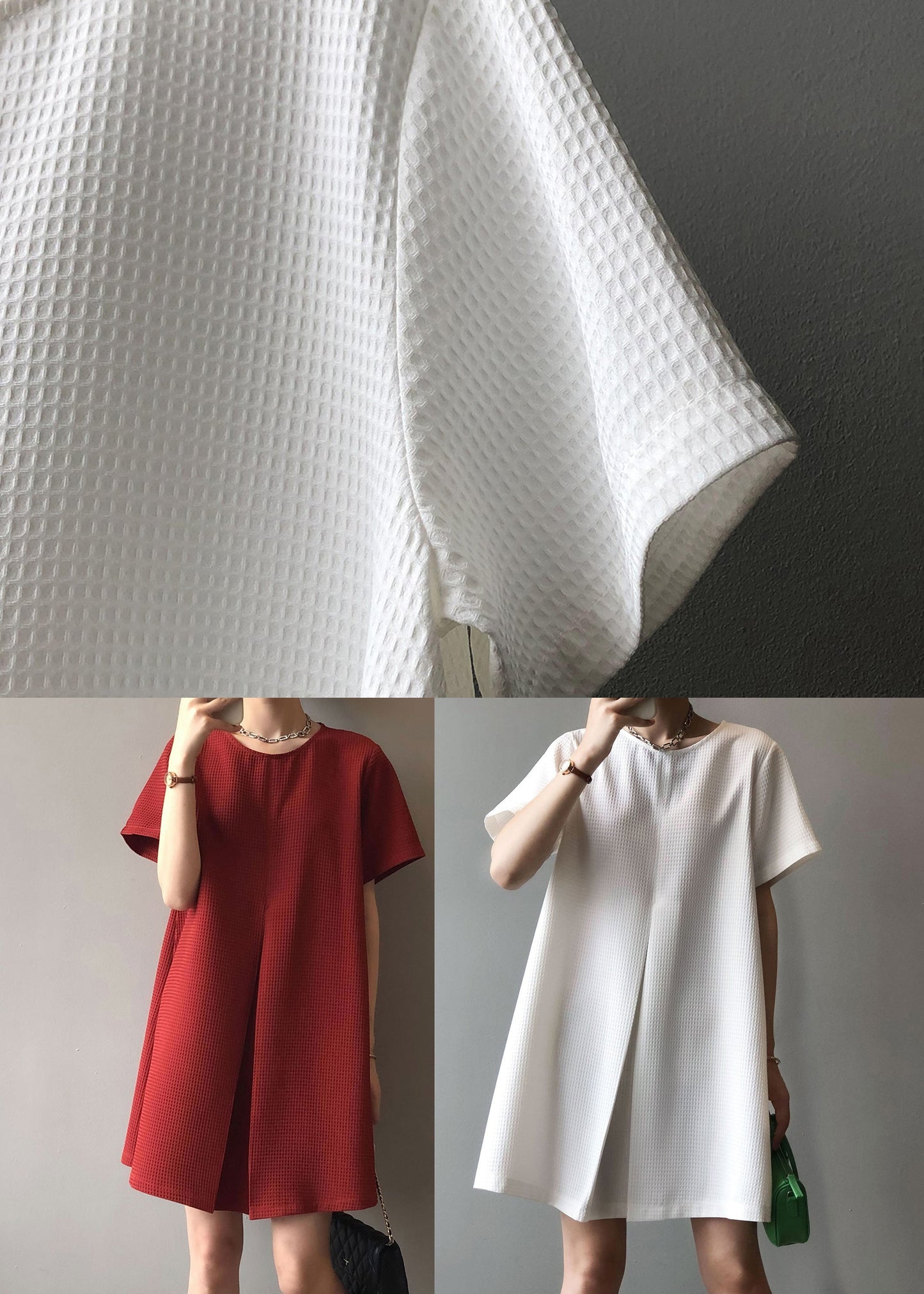 Weißes einfaches Baumwoll-Mid-Kleid mit Rundhalsausschnitt für den Sommer AF1063