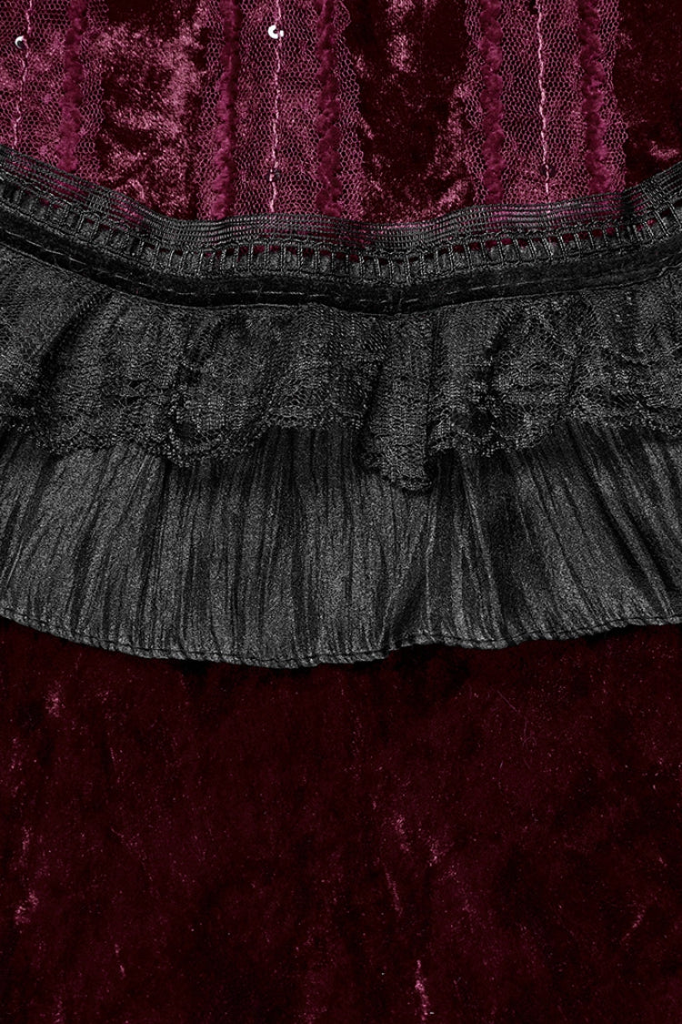 Crimson Sleeveless Gothic Cape with Ruffled Lace Trim