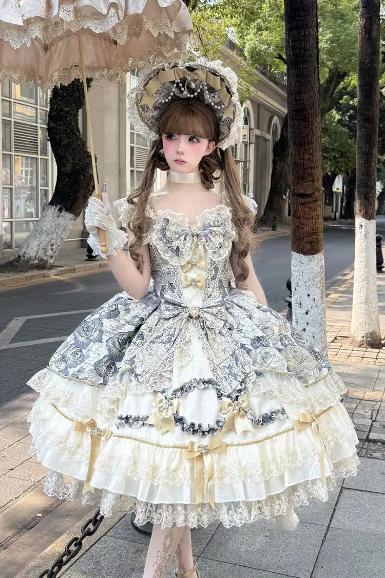 Ebony Square-Neck Printed Embroidered Bow Lace Sweet JSK - Gilded Waltz
