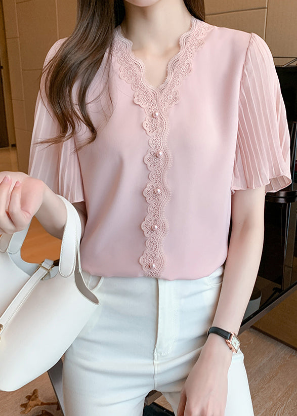 Patchwork Summer Chiffon Italian Nail Bead Shirt Top Lace Pink