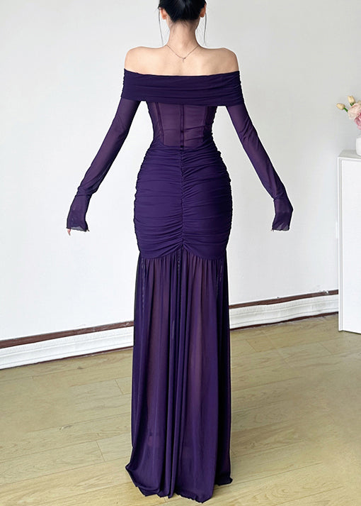 Slash Dresses Stylish Wrinkled Spring Neck Tulle Maxi Purple