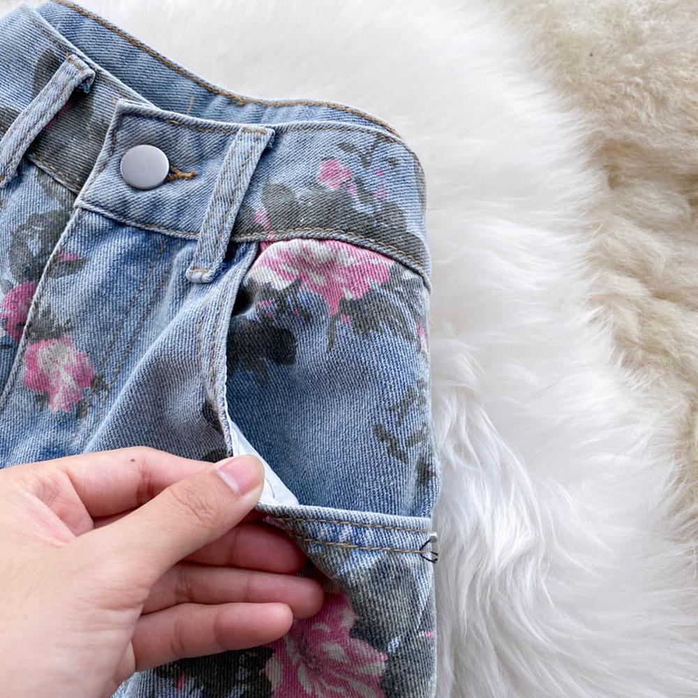 Pantalon large en denim à imprimé rose bleu pour femme AR1016