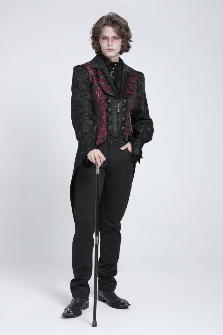 Crimson & Obsidian Sleeveless Lace-Up Zipper Swallow-Tailed Vest