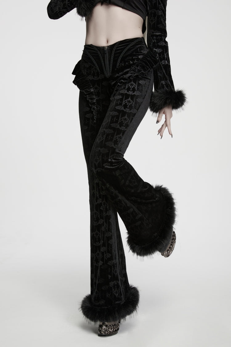 Women's Gothic Flare Pants in Slim Fit with Ruffled Details and Black Jacquard