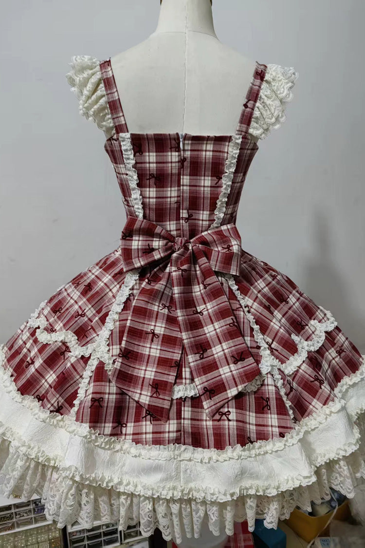 Crimson Square-Neck Sweet Lolita JSK Set with Plaid and Lace