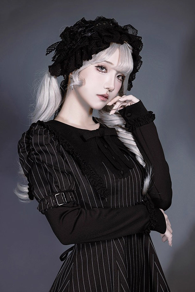 Ebony Long-Sleeve Striped Ruffle Bow Jirai Kei Witch Set