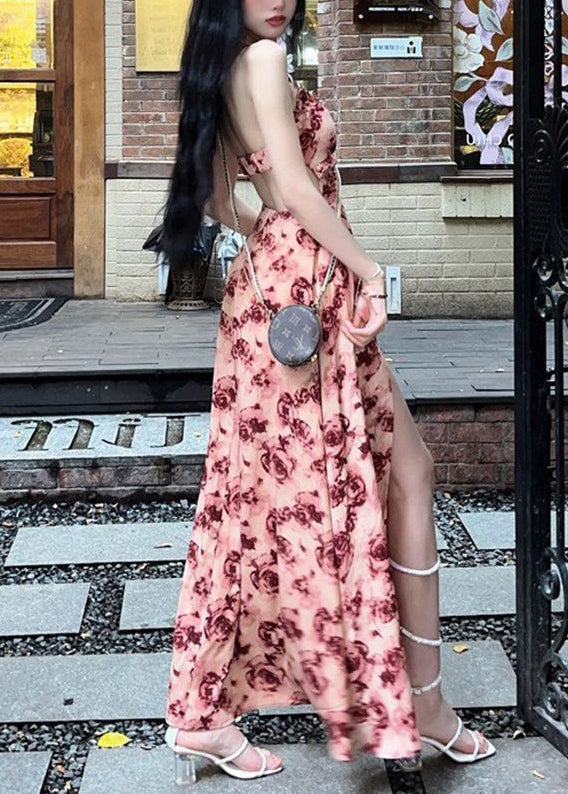 Sexy rotes, gerüschtes, schnürbares, bedrucktes langes Baumwollkleid AZ1050
