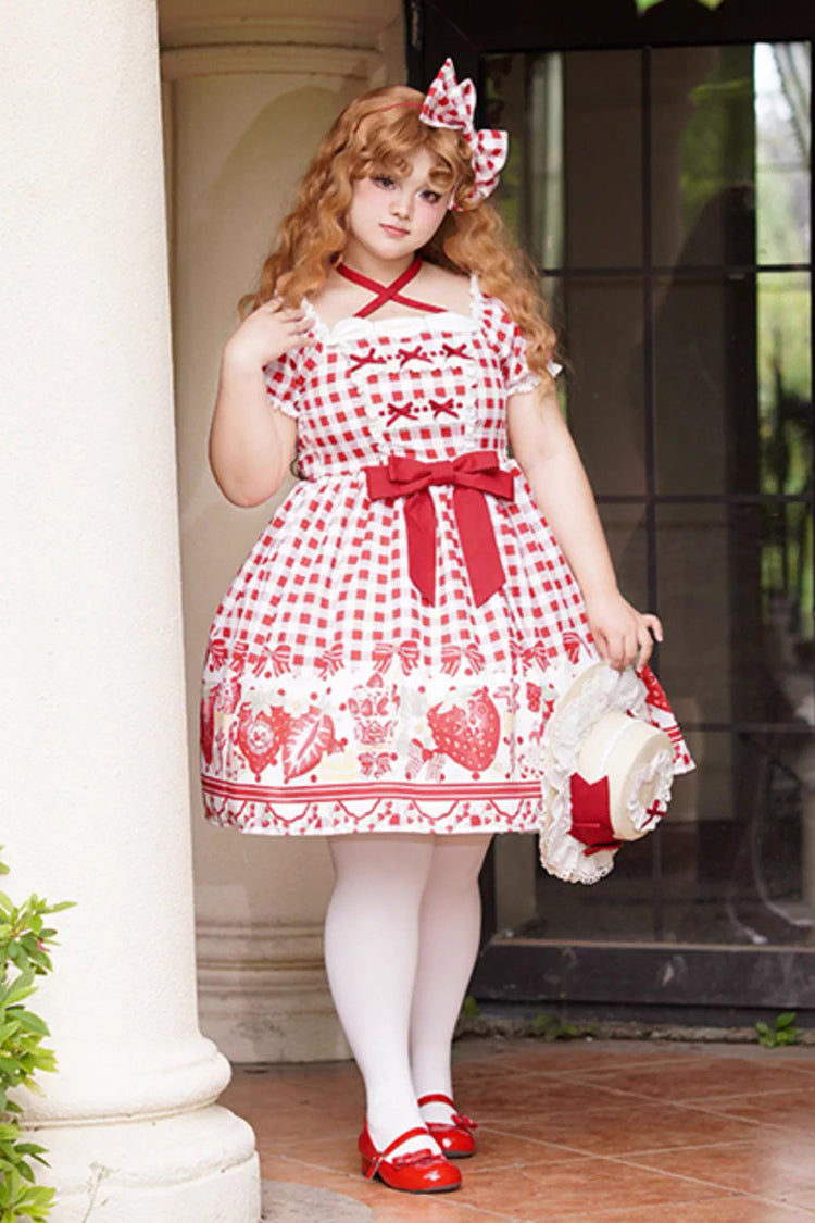 Crimson Sweet Plus Size Lolita Dress with Strawberry Plaid and Bow